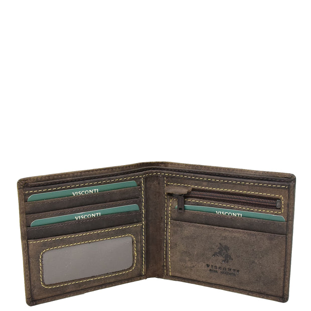 Mens Vintage Waxed Real Leather Brown Wallet Bifold Slim Case AV07 Open