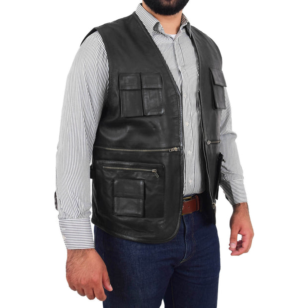 Mens Real Black Soft Leather Fisherman Waistcoat Multi Pockets Gilet Curt Open 2