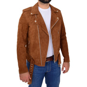 Genuine Suede Leather Biker Jacket For Mens Fitted Brando Coat Jay Cognac Open 3