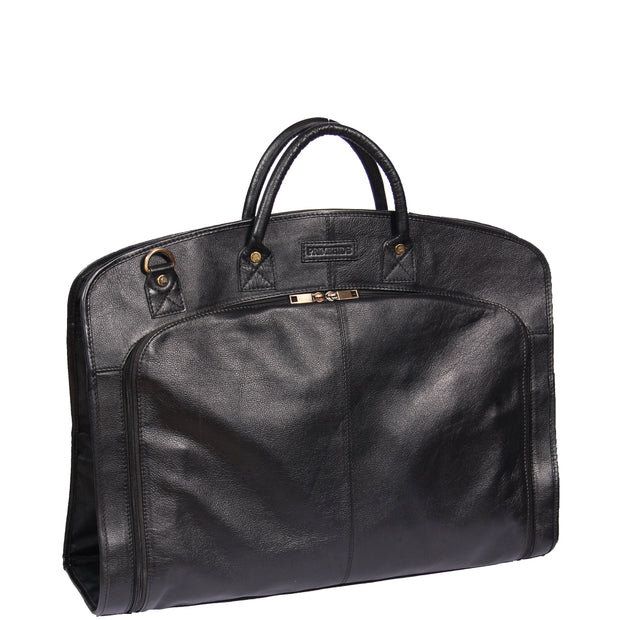 Genuine Soft Leather Suit Carrier Dress Garment Bag A173 Black Front