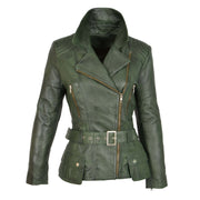 Womens Biker Leather Jacket Slim Fit Cut Hip Length Coat Coco Green Front 3