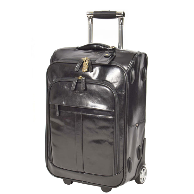 Real Leather Suitcase Cabin Trolley Hand Luggage A0518 Black Front Angle
