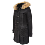 Womens Genuine Sheepskin Duffle Coat Hooded Shearling Jacket Evie Brown Front Angle 1