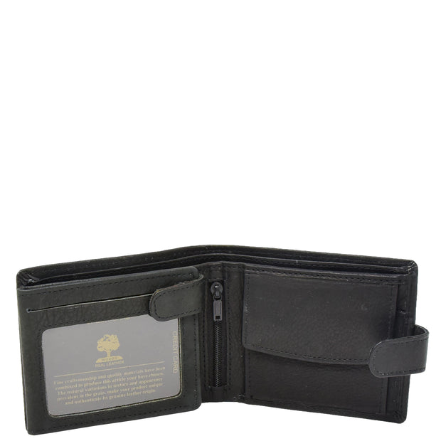 Mens Real Leather Bifold Clip Closure Wallet AV86 Black Open 1