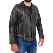Mens Slim Fit Rub Off Biker Leather Jacket Brando Distressed Rugged Cowhide Cruz Open 3