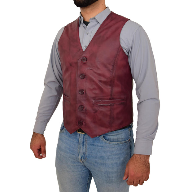 Mens Full Leather Waistcoat Burgundy Gilet Traditional Smart Vest King Front Angle