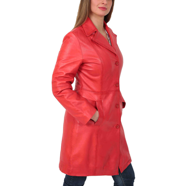 Womens 3/4 Button Fasten Leather Coat Cynthia Red Front