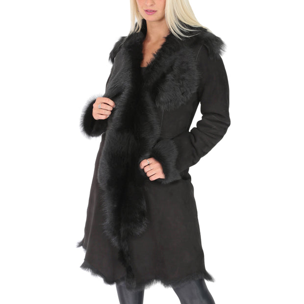 Womens Luxurious Toscana Long Coat Real Sheepskin Pamela Black Front 1