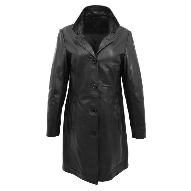 Ladies 3/4 Long Classic Fitted Soft Leather Knee Length Coat Laura Black Front