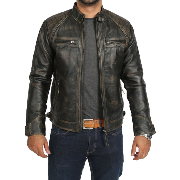 Gents Washed Biker Leather Jacket Django Rub Off Open