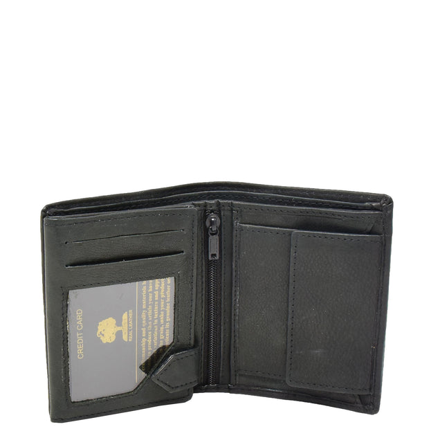Mens Real Leather Bifold Wallet Credit Cards Coins Note Holder AV61 Black Open 1