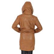 Ladies Duffle Leather Coat 3/4 Long Detachable Hood Classic Parka Jacket Liza Tan Back 2