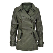Womens Soft Leather Trench Coat Olivia Green Front 1