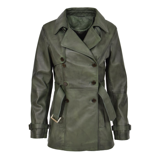 Womens Soft Leather Trench Coat Olivia Green Front 1