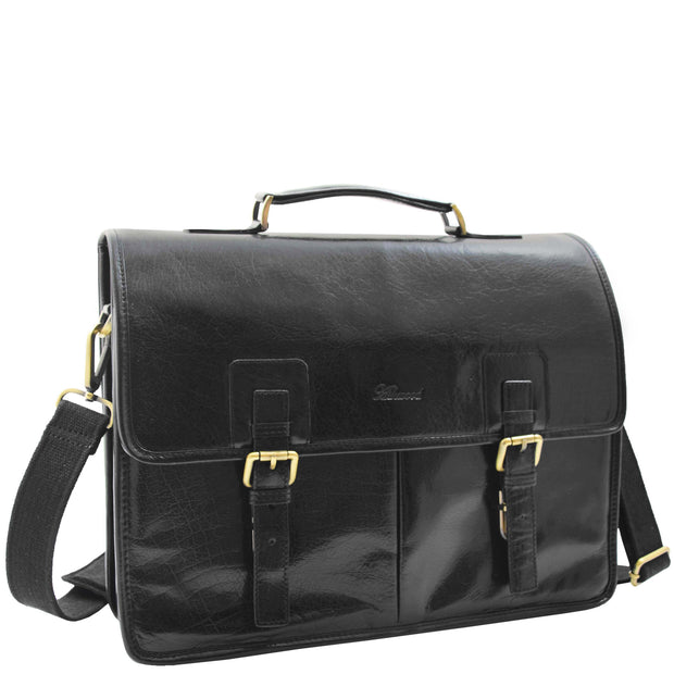 Mens Italian Leather Black Briefcase Expandable Office Bag Laptop Case - Thomas