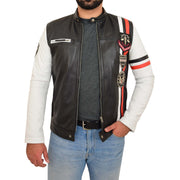 Mens Biker Leather Jacket Black White Sleeves Badges Stripes Sports Style Gears Front Open