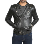 Mens Brando Biker Leather Jacket Elvis Black pockets