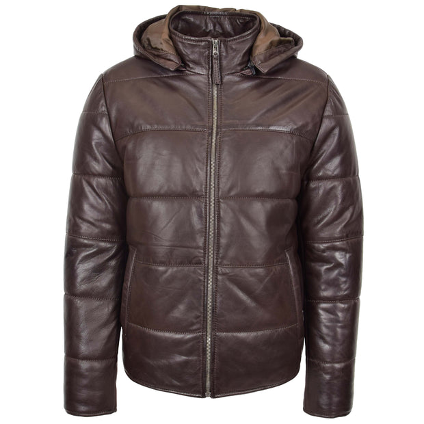 Mens Real Leather Puffer Jacket Fully Padded With Hood DRACO Brown 7