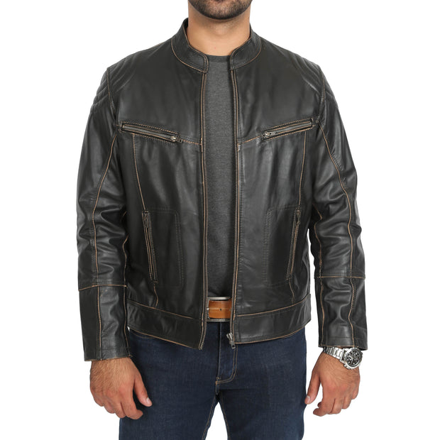Mens Biker Style Leather Jacket Vintage Rub Off Effect Matt Brown zip open view