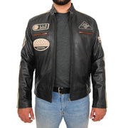 Mens BLACK Leather Biker Jacket Slim Fit Motor Sports Badges Coat Wayne Open Front