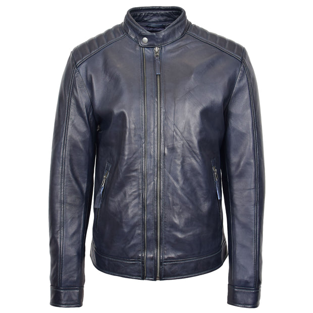Mens Soft Real Leather Biker Style Jacket Band Collar Zip Fasten ASHER Navy 3