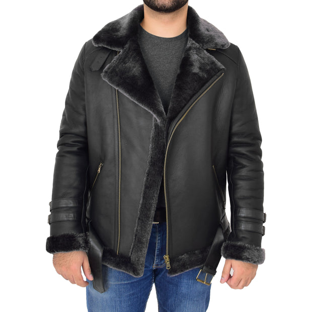 Mens Real Sheepskin Jacket Black X-Zip Aviator Brando Shearling Coat Hugh Open 2