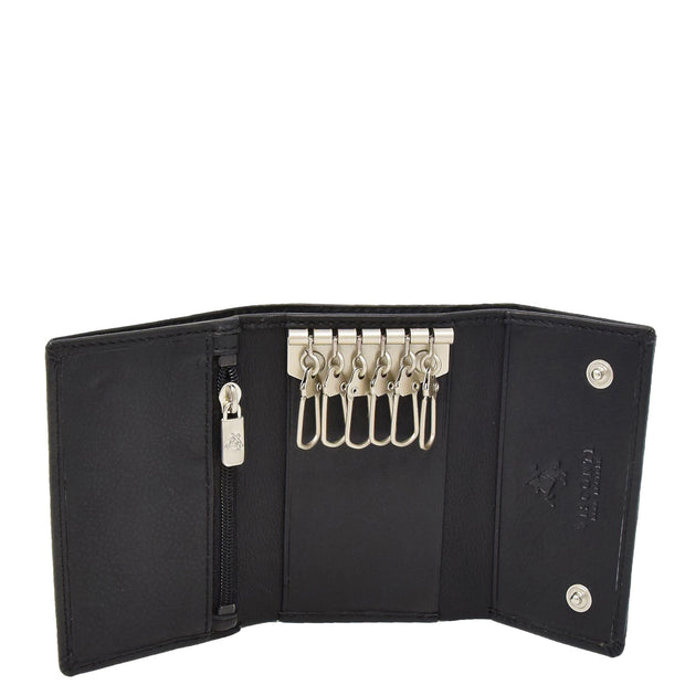 Soft Leather Key Wallet  Tri-fold Six Keys Ring Case AV11 Black Open