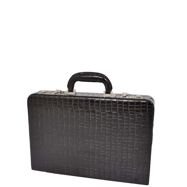 Black Leather Look Attache Croc Print Small Briefcase Dual Lock Lyon Front Angle 1
