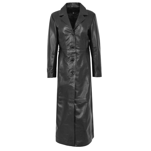 Womens Soft Black Leather Full Length Overcoat Ankle Long Matrix Trench Foxy Front Without Belt