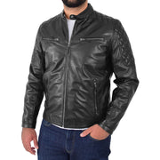 Mens Soft Leather Biker Jacket High Quality Quilted Design Tucker Black Front 2