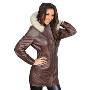 Womens Duffle Leather Coat Detachable Hood 3/4 Long Parka Jacket Mila Brown