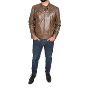 Mens Leather Jacket Biker Style Zip up Coat Bill Brown Full
