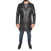 Mens 3/4 Long Leather Coat Classic Trench Overcoat Jones Black Full