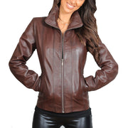 Womens Classic Fitted Biker Real Leather Jacket Nicole Brown Front 1