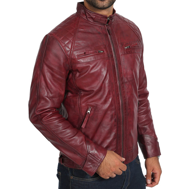 Gents Fitted Biker Leather Jacket Django Burgundy