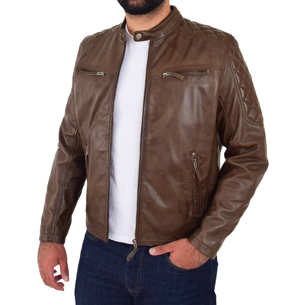 Mens Soft Leather Biker Jacket High Quality Quilted Design Tucker Timber Brown