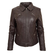 Ladies Soft Leather Jacket Fitted Collared Zip Fasten Biker Style Leah Brown Front
