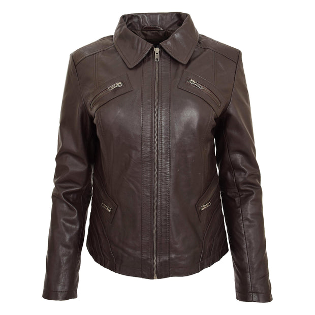 Ladies Soft Leather Jacket Fitted Collared Zip Fasten Biker Style Leah Brown Front