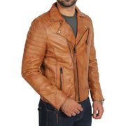 Mens Real Leather Biker Jacket Tan Zip Fasten Slim Fit Designer Coat Max Front 1