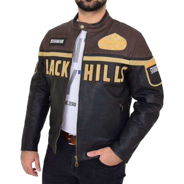 Mens Waxed Cowhide Biker Leather Jacket Badges Stripes Logos Tank Black Brown Front Open 2