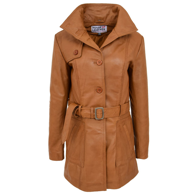 Womens Real Leather Mid Length Trench Parka Coat Alba Tan Front
