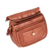 Womens Soft BROWN Leather Multi Zip Pockets Shoulder Bag A95 Open