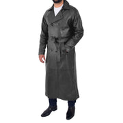 Mens Full Length Leather Coat Black Long Trench Overcoat Terry Front 2