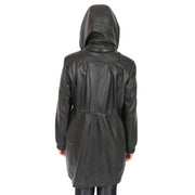 Ladies Duffle Leather Coat 3/4 Long Detachable Hood Classic Parka Jacket Liza Black Back 2