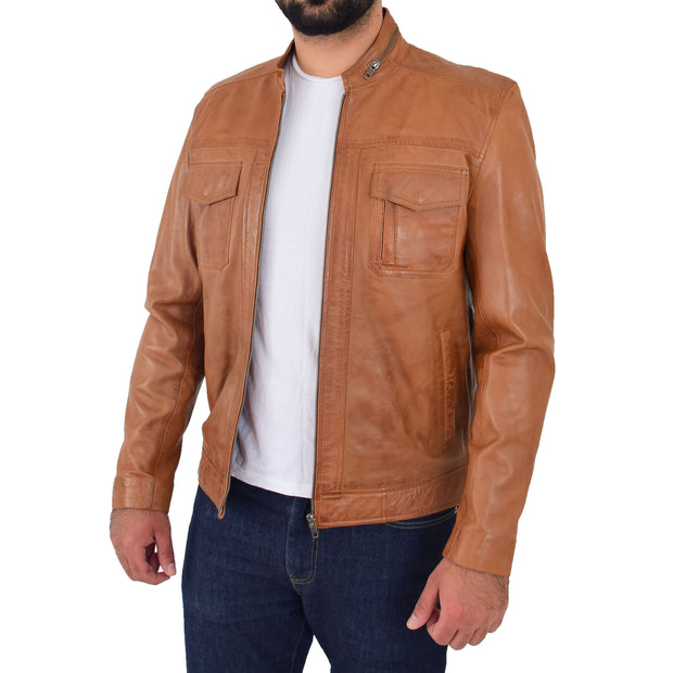 Mens Biker Leather Jacket Cognac Soft Nappa Fitted Standing Collar Tats Open 2 