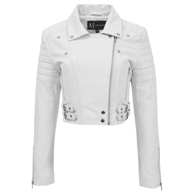 Womens Fitted Cropped Bustier Style Leather Jacket Amanda White 2