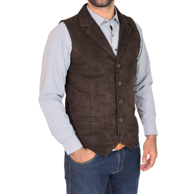 Mens Real Suede Leather Waistcoat Classic Vest Yelek Status Brown Front 1