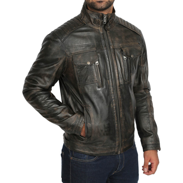 Mens Fitted Washed Biker Vintage Leather Aron Rub Off Front 1