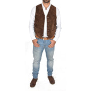Mens Real Suede Leather Waistcoat Classic Vest Gilet Cole Brown Full