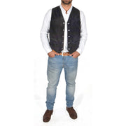 Mens Real Suede Leather Waistcoat Classic Vest Gilet Cole Black Full